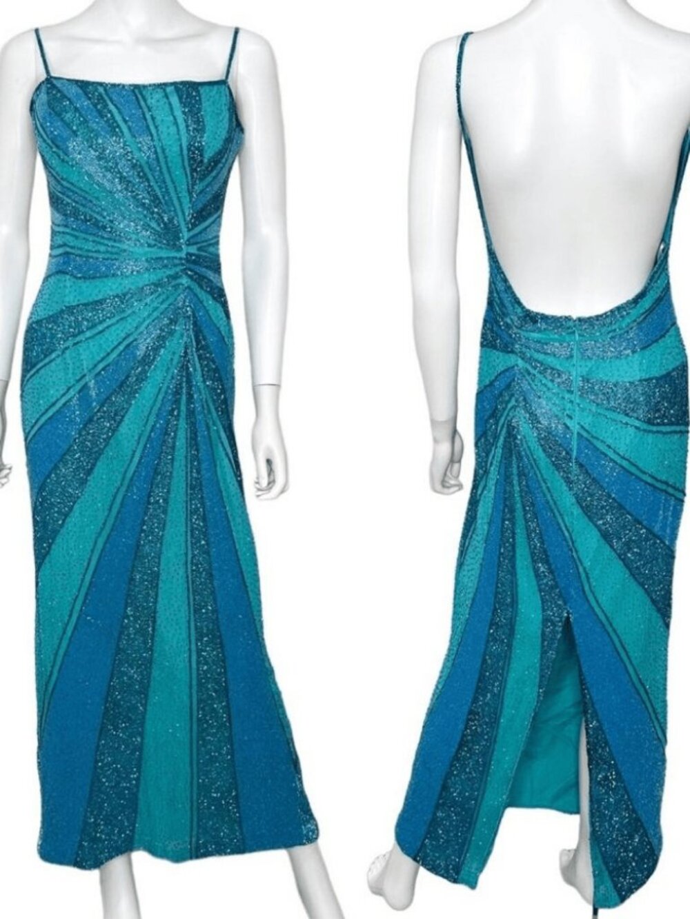 Lillie Rubin Vintage Silk Beaded Slit Floral Gown Dress Turquoise Size M